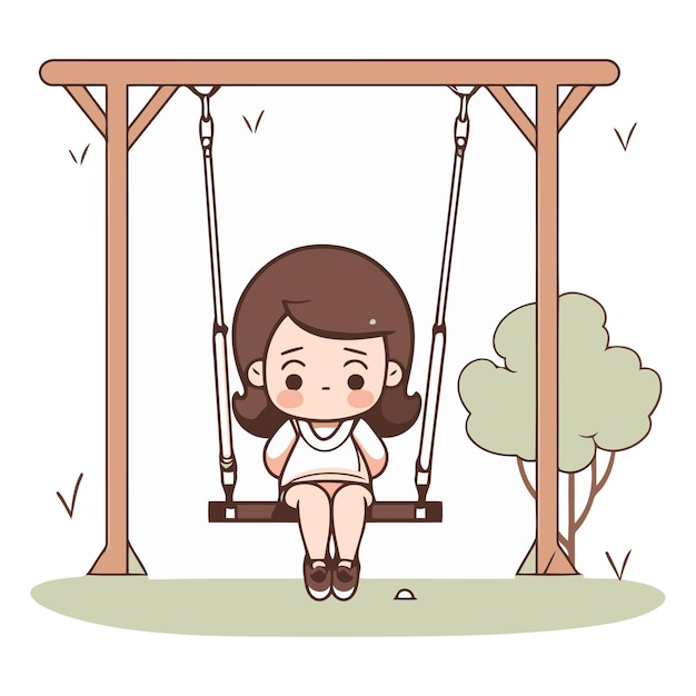 Vector cute little girl swinging on swing in the park vector illustration design