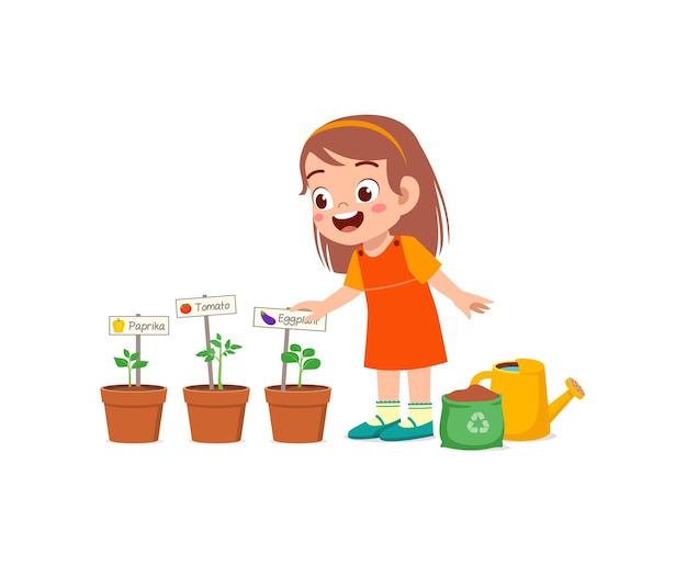 Cute little girl take care of vegetable plant