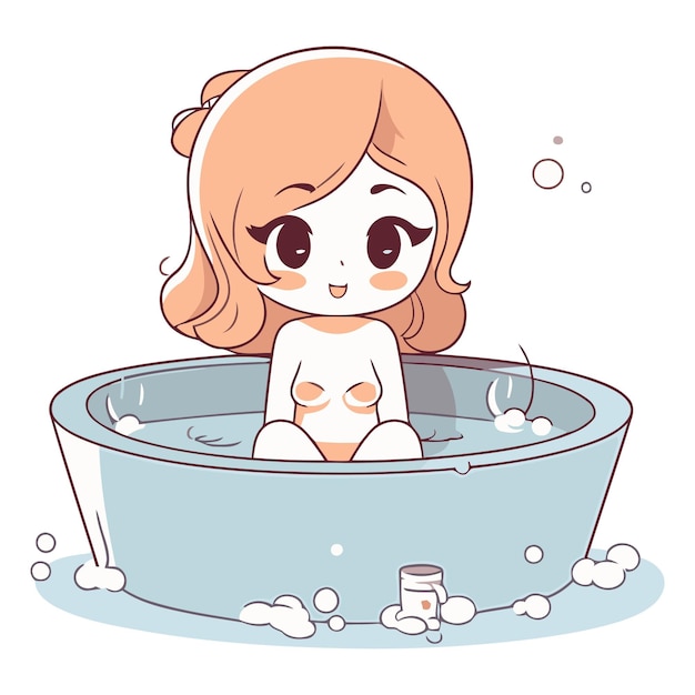 만화 스타일로 목욕하는 귀여운 어린 소녀