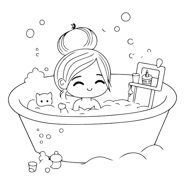 Vector cute little girl taking a bath with cat