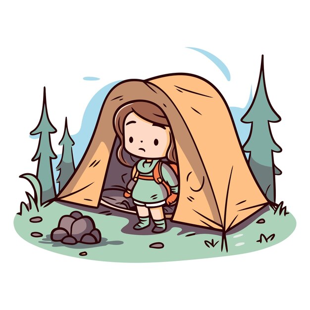 Милая девочка в палатке на природе