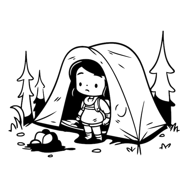 Vector cute little girl in a tent on the nature