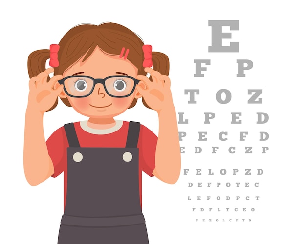 Vector cute little girl testing her new eyeglasses reading block letters at ophthalmologist office