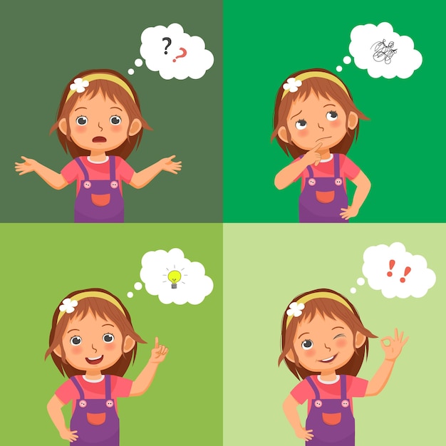 Vector cute little girl thinking proses from confused searching for ideas to finding solution