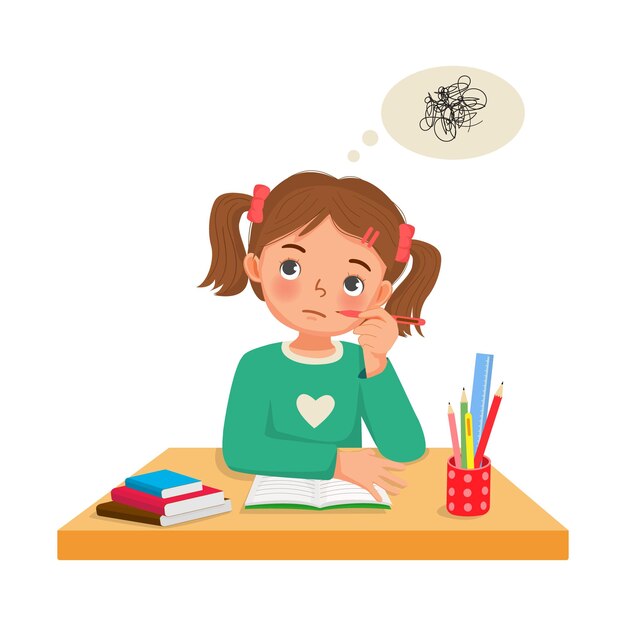 Vector cute little girl thinking while studying doing her homework at the desk