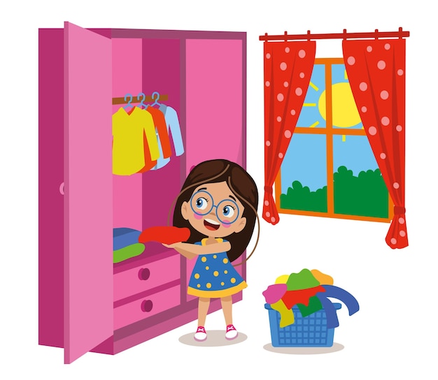 Vector cute little girl tidying her room straightening her clothes