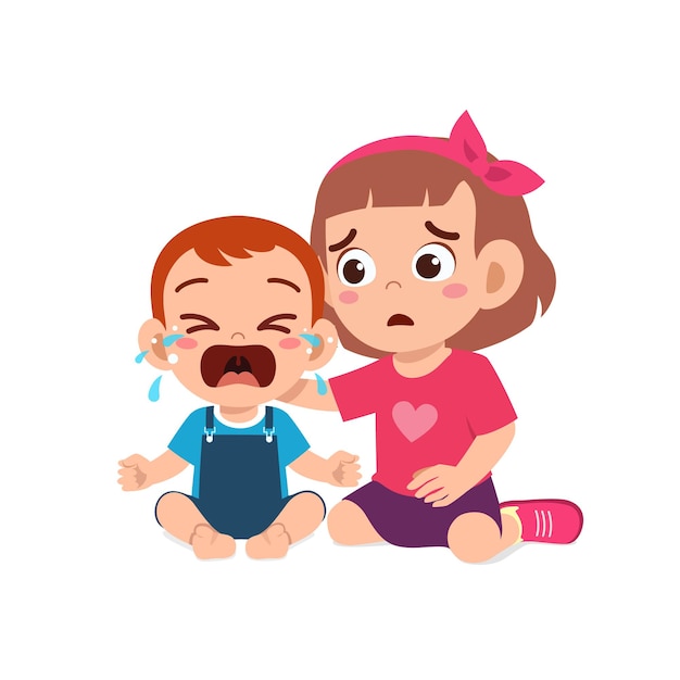 Vector cute little girl try to comfort crying baby brother