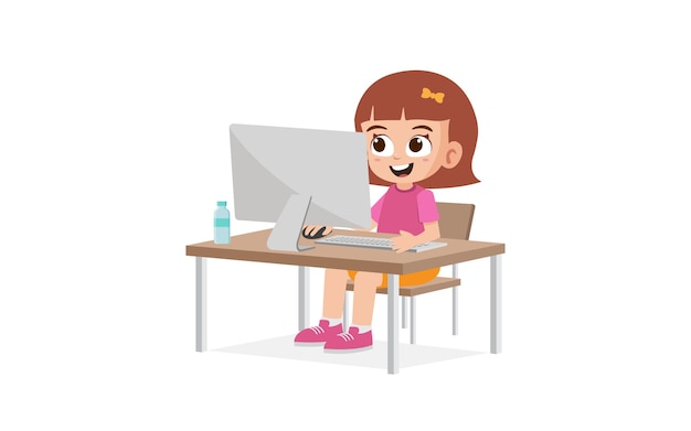 Cute little girl use computer to study vector illustration