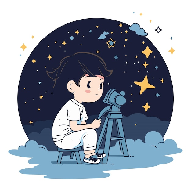Vector cute little girl using a telescope in the night sky