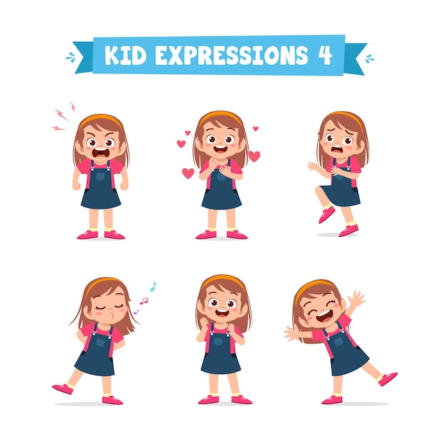 Cute little girl in various expressions and gesture set