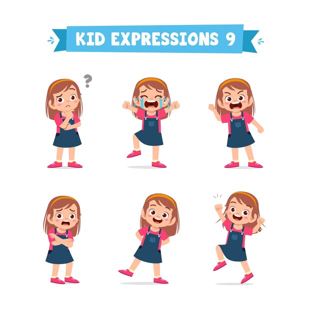 Cute little girl in various expressions and gesture set