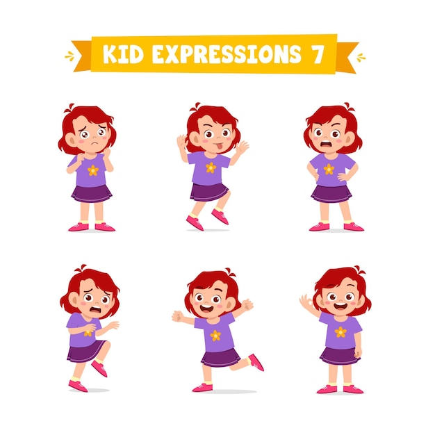 Cute little girl in various expressions and gesture set