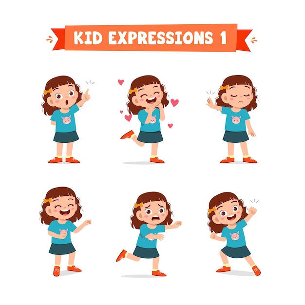 Cute little girl in various expressions and gesture set