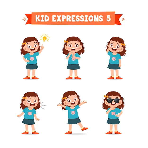Cute little girl in various expressions and gesture set