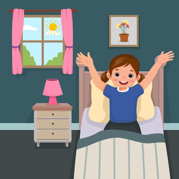 Cute little girl wake up in morning stretching hands on bed in bedroom