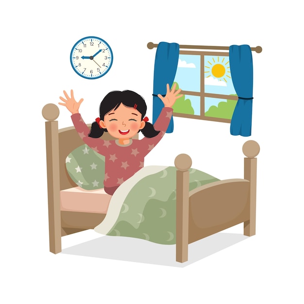 Vector cute little girl wakes up early in the morning stretching her body greeting good morning world