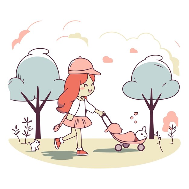 Вектор Милая девочка с коляской в парке.