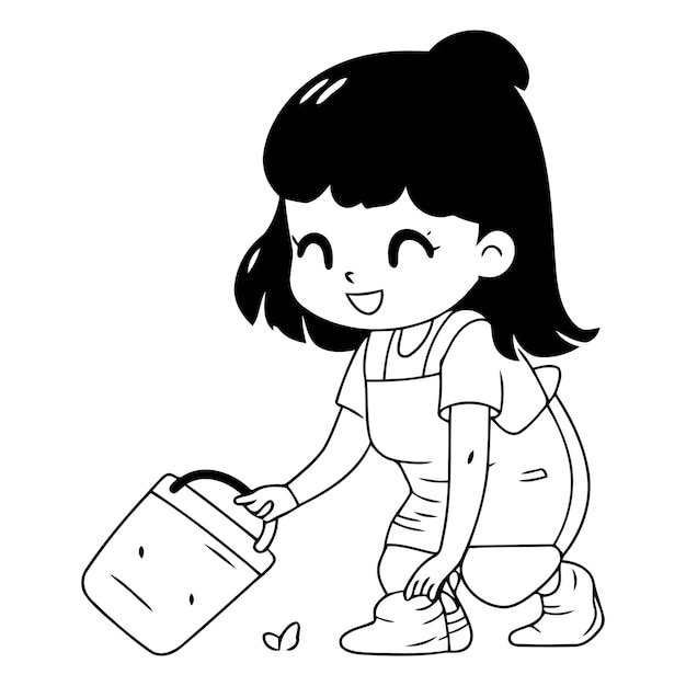 Cute little girl watering plants with watering can