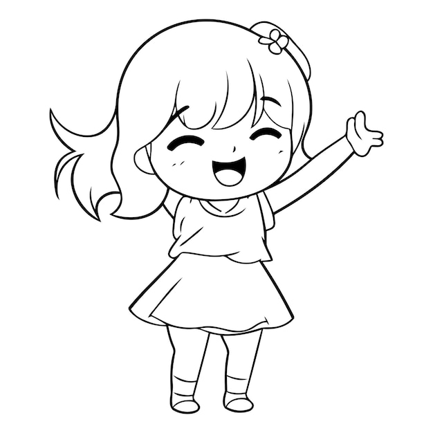 Vector cute little girl waving hand in cartoon style