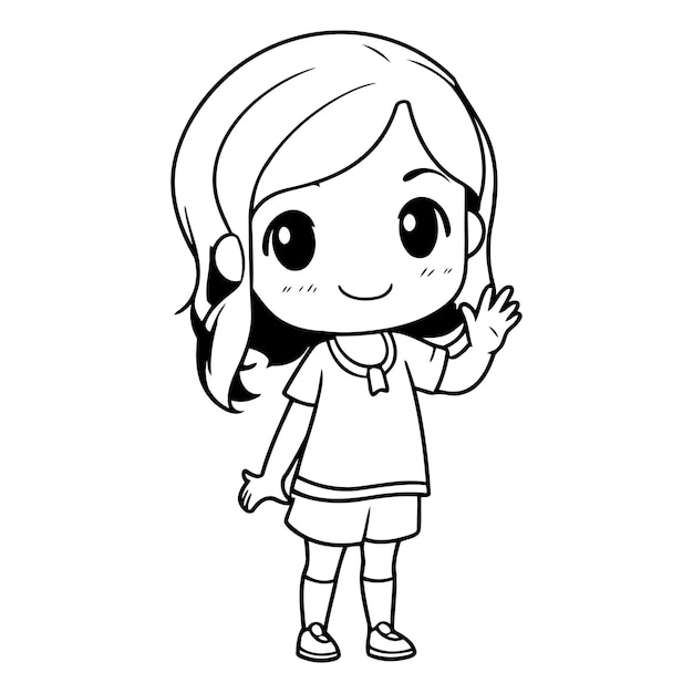 Cute little girl waving hand in cartoon style