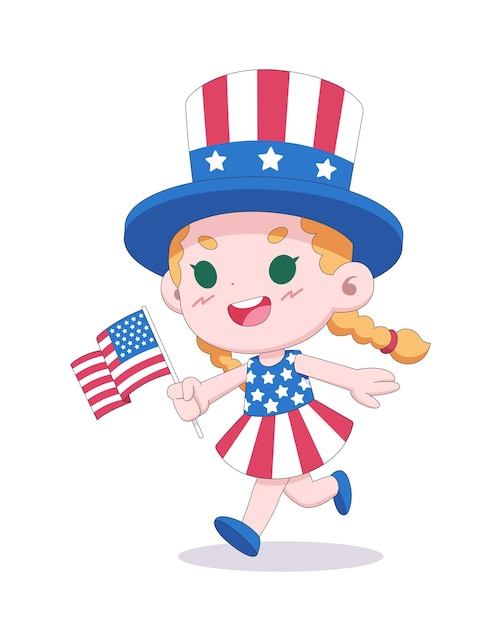 Vector cute little girl waving usa flag cartoon illustration