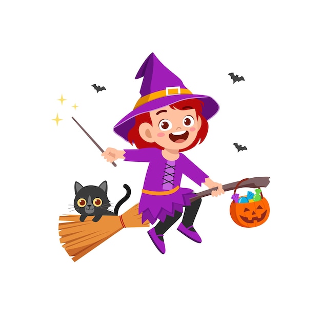 Милая маленькая девочка в костюме ведьмы на хэллоуин