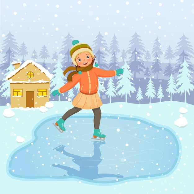 Cute little girl wearing warm winter clothes ice skating outdoor on frozen pool in the snowy landsca...
