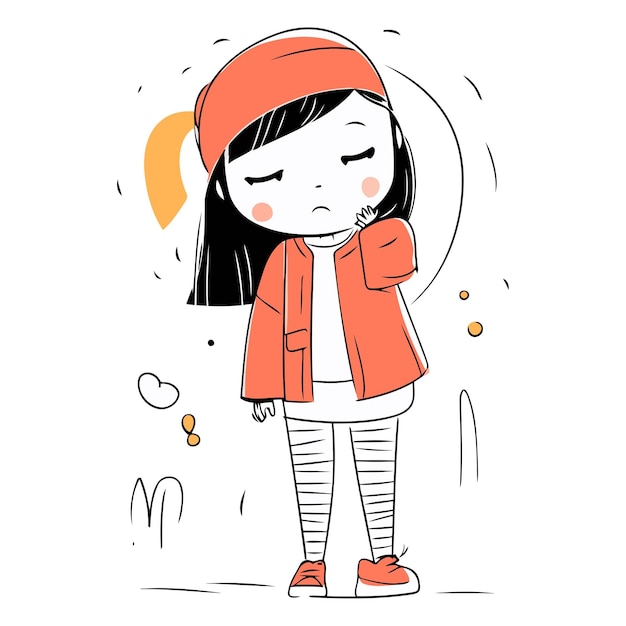 Cute little girl wearing winter clothes vector hand drawn illustration