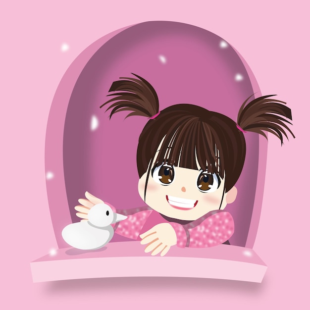 A cute little girl at the window with pink theme colour as winter and a duck made from snow