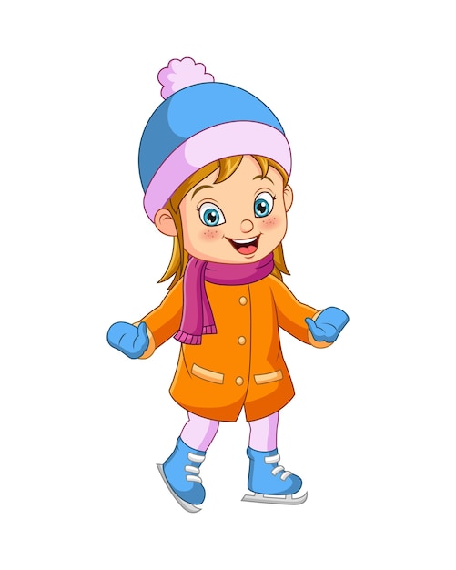 Cute little girl in winter clothes playing ice skating