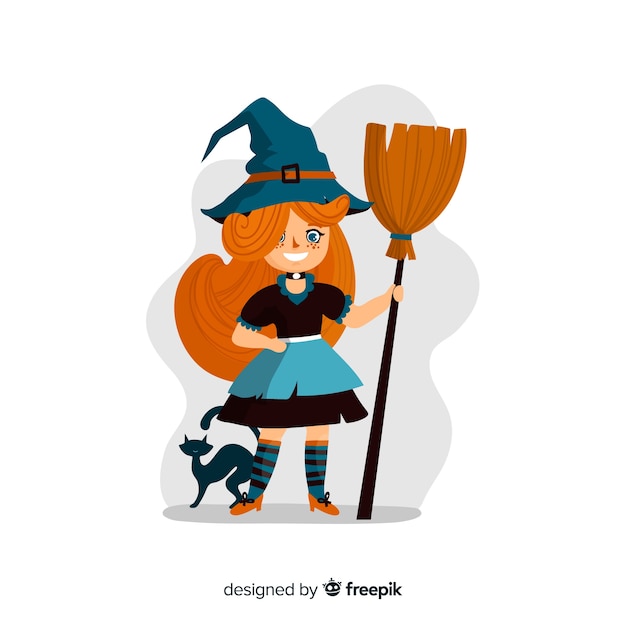 cute little girl witch with a kitten and broom