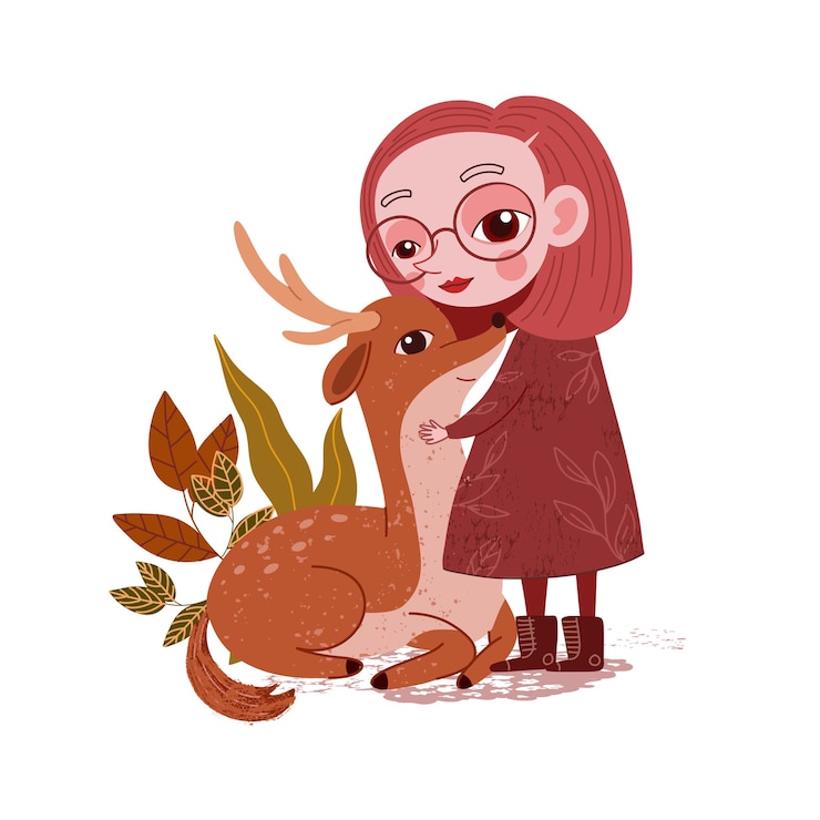 Vector cute little girl with baby deer illustration