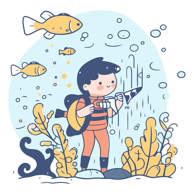 Vector cute little girl with a backpack in the sea