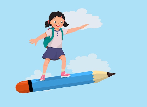 Cute little girl with backpack standing riding on big flying pencil going to school