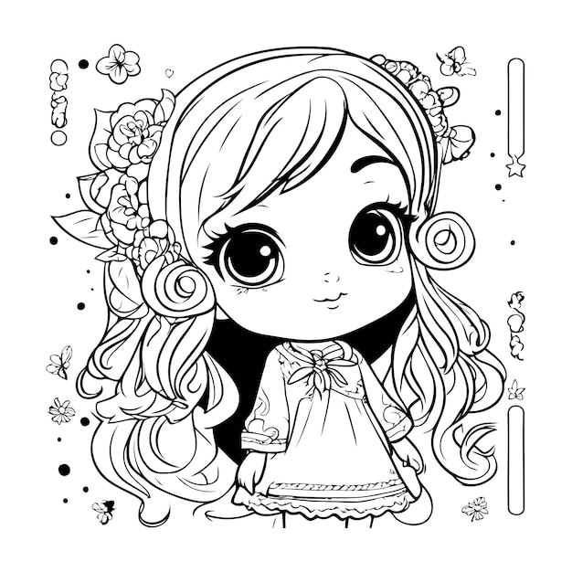 Cute little girl with a bell Black and white vector illustration