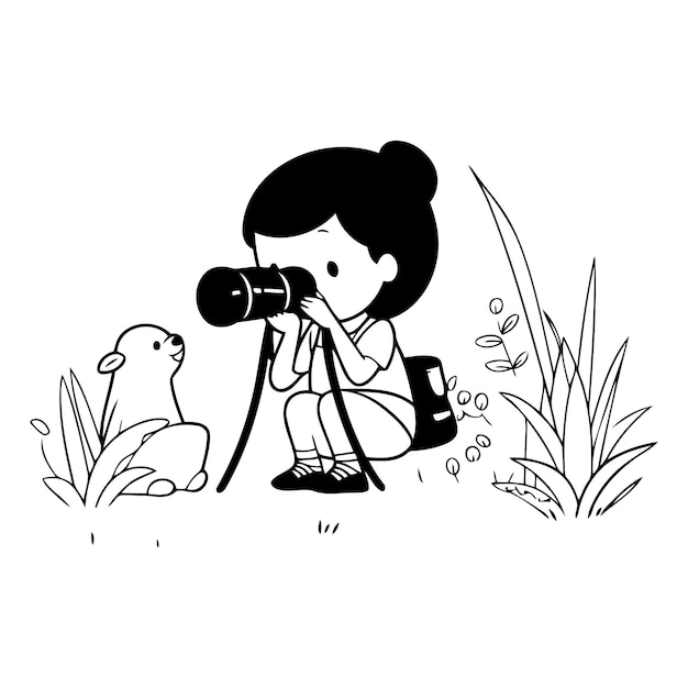 Vector cute little girl with binoculars in the park