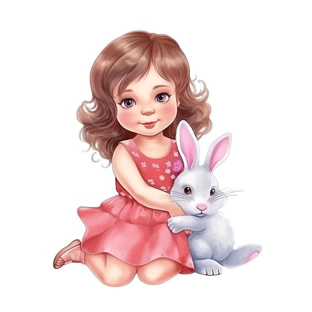 Cute little girl with bunny watercolor paint