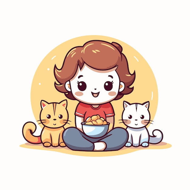 Vector cute little girl with cat and bowl of food vector illustration