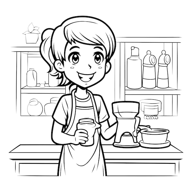 커피 한 잔을 가진 귀여운 작은 소녀 색칠 책에 대한 흑백 터 일러스트레이션