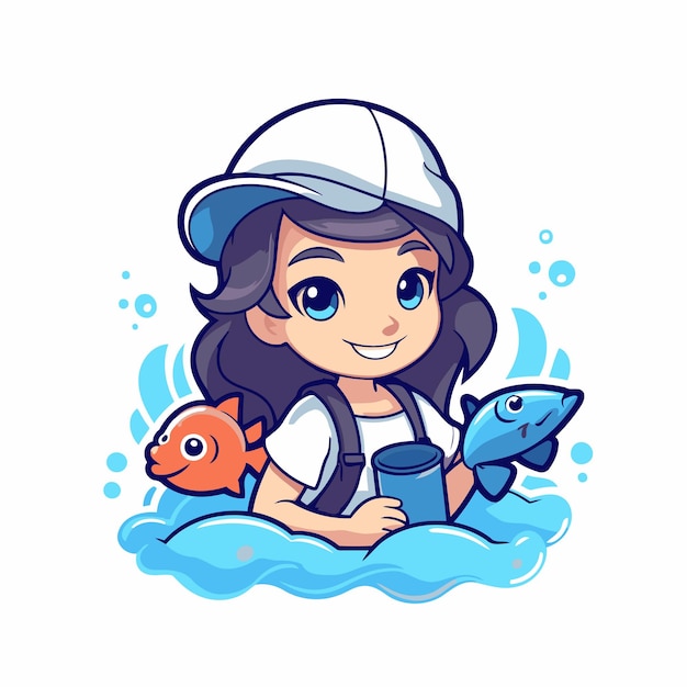 Cute little girl with fish in the sea vector illustration