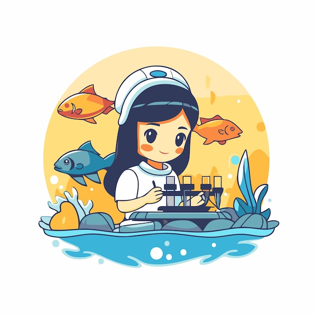 Cute little girl with fish Vector illustration in cartoon style