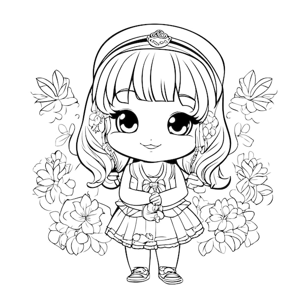Cute little girl with flowers Vector illustration for coloring book