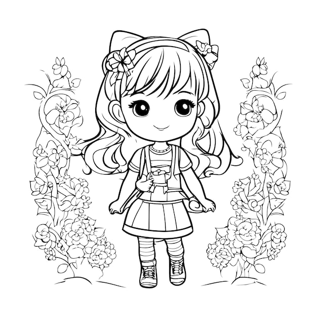 Cute little girl with flowers Vector illustration for coloring book