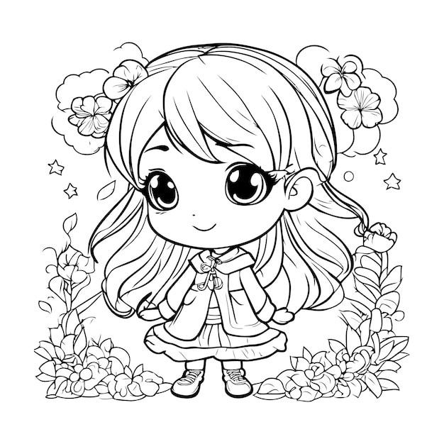 Vector cute little girl with flowers vector illustration for coloring book