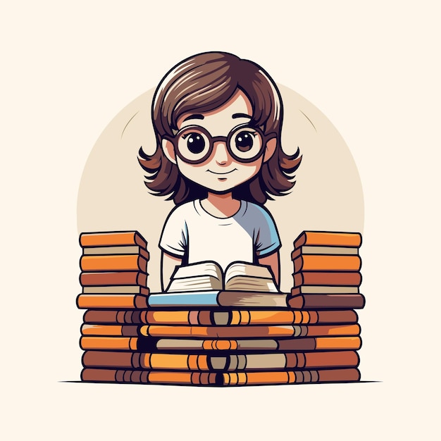 Cute little girl with glasses reading a book Vector illustration