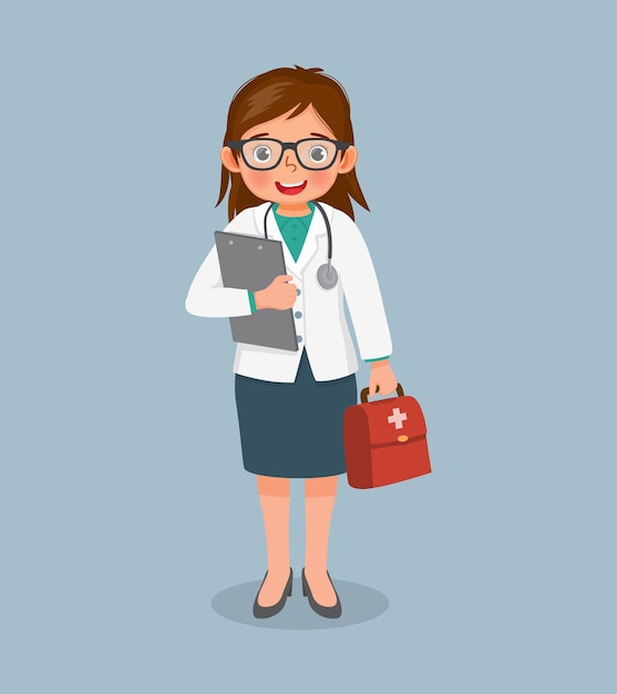 Cute little girl with glasses wear doctor uniform holding clipboard and medical bag