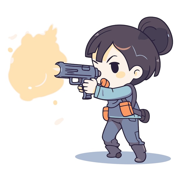 Cute little girl with a gun in cartoon style