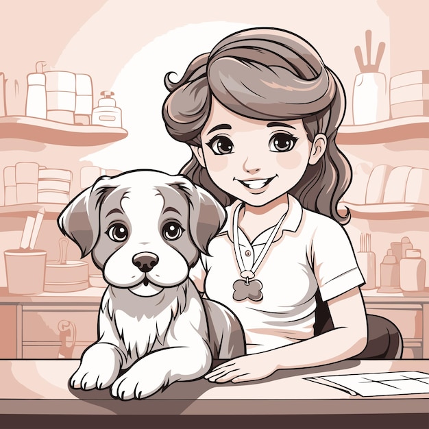 Vettore piccola ragazza carina con il suo cane in una clinica veterinaria illustrazione vettoriale