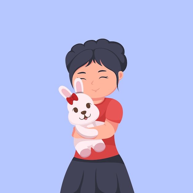 Cute Little Girl with Hug the Bunny Cartoon Vector Illustration