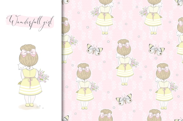 Vector cute little girl with kitten illustration and seamless pattern.